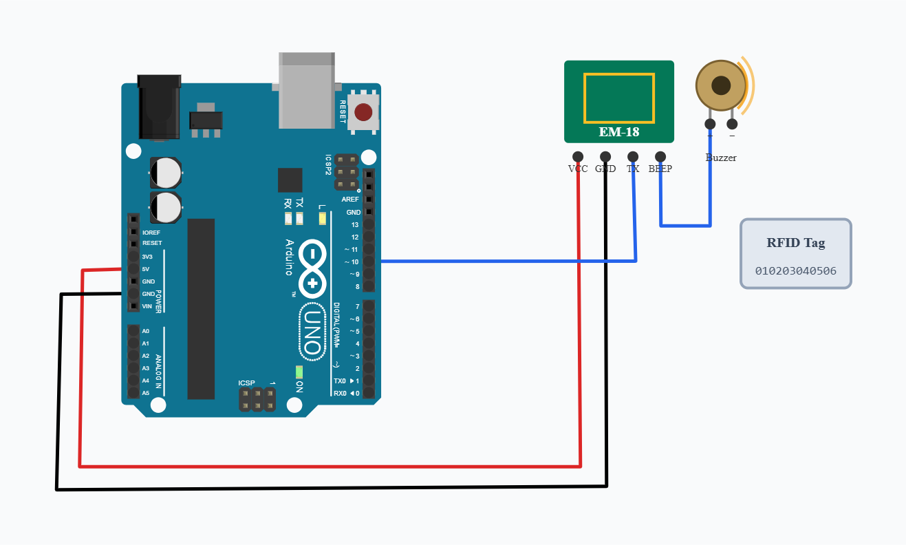 Arduino EM-18 RFID Reader: Read RFID Card Number circuit diagram