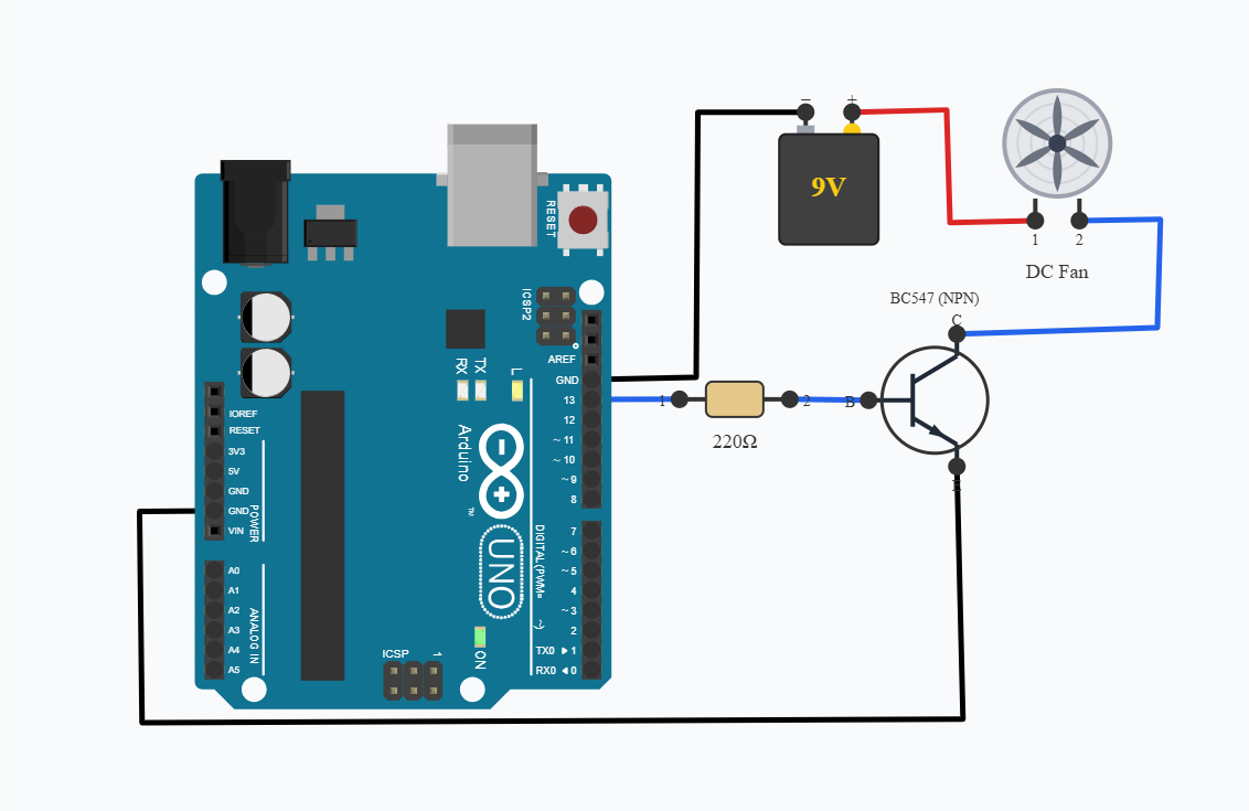 Control a DC Fan Using an NPN Transistor and Arduino circuit diagram
