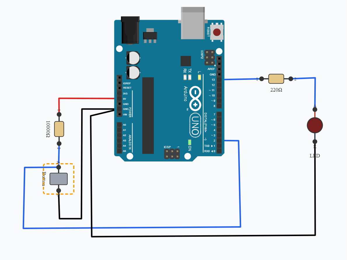 Arduino Push Button Interfacing – Control an LED circuit diagram