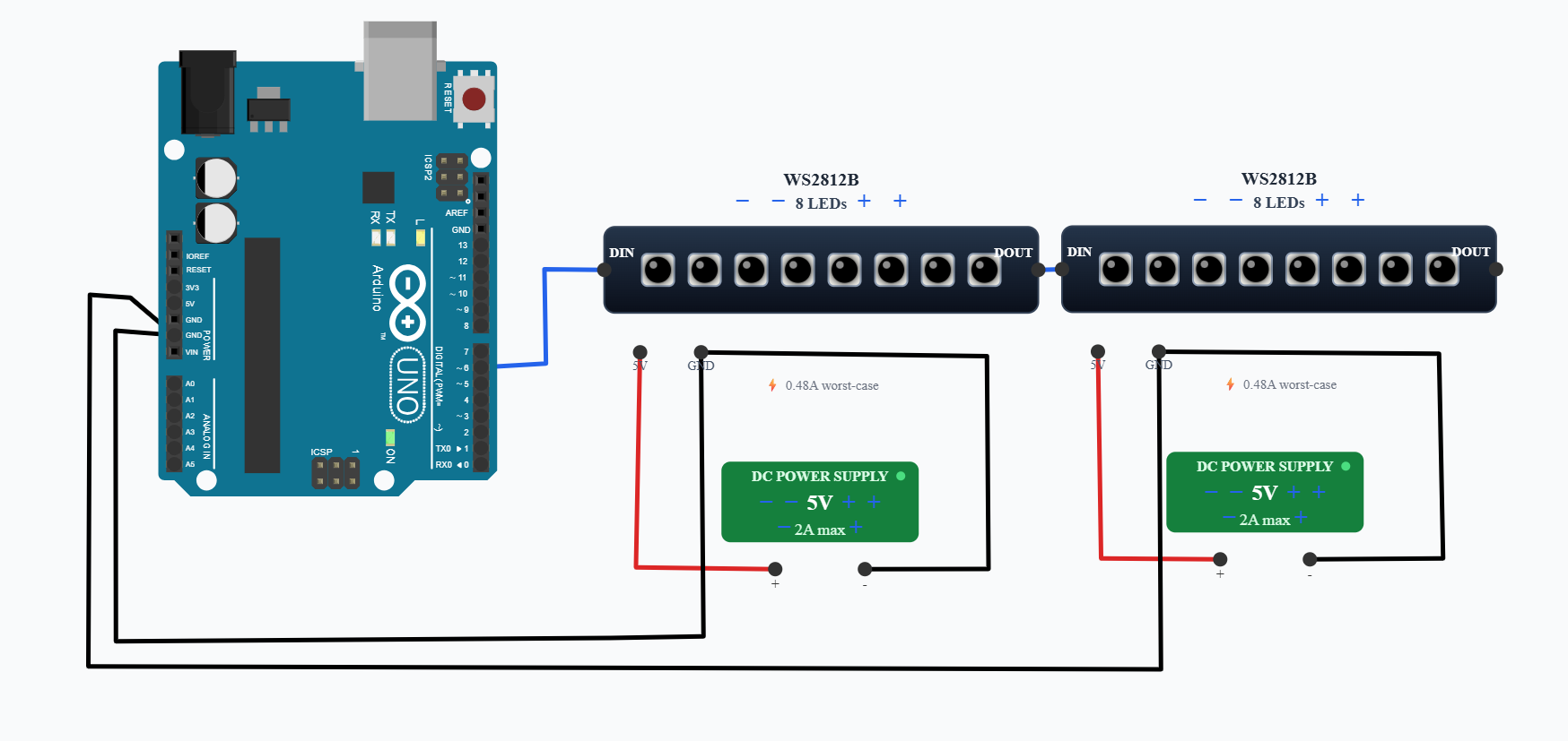 Arduino WS2812B LED Strip Interfacing – Control Addressable RGB LEDs circuit diagram